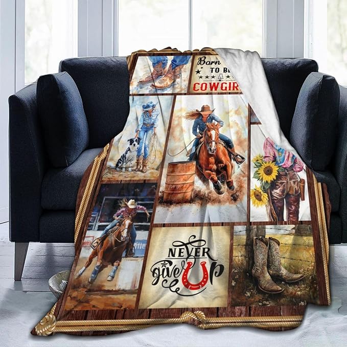 Cowgirl Racing Blanket Western Cowboy Throw Blanket Super Soft Flannel Lightweight Fluffy Plush Fuzzy Fleece Horse Blanket Gifts for Girls Woman Kids Prayer for Bed Sofa Bedding 40"X50"