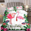 LUVIVIHOME 2PCS Merry Christmas Comforter Set Twin Size, Pink Flamingo Bedding, Teens Girls Boys Kids Bedding, Tropical Green Plant Botanical Hibiscus Flower White Quilt, Xmas Gifts, 1 Pillow Case
