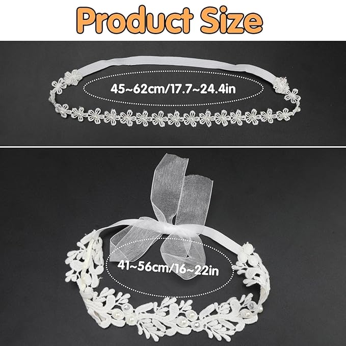 Elegant White Flower Christening Headbands for Baby Girl, Elastic Soft Lace with Cute Tulle Pearl Hair Strap, Stretchy Baptism Halo for Pure Newborns Infants Toddlers (Over 6 Months) (2 Pack 18-20in)