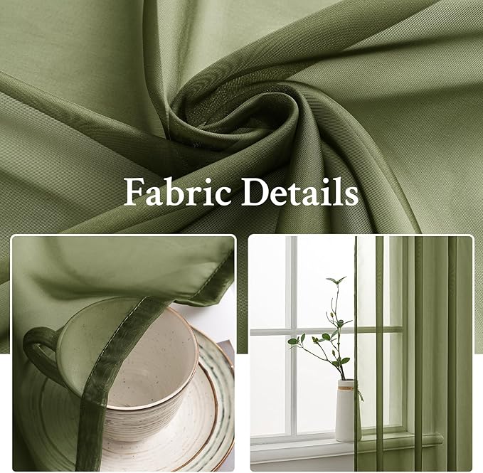 MIULEE 2 Panels Solid Color Sheer Window Curtains Elegant Window Voile Panels/Drapes/Treatment for Bedroom Living Room (54X96 Inches Olive Green)
