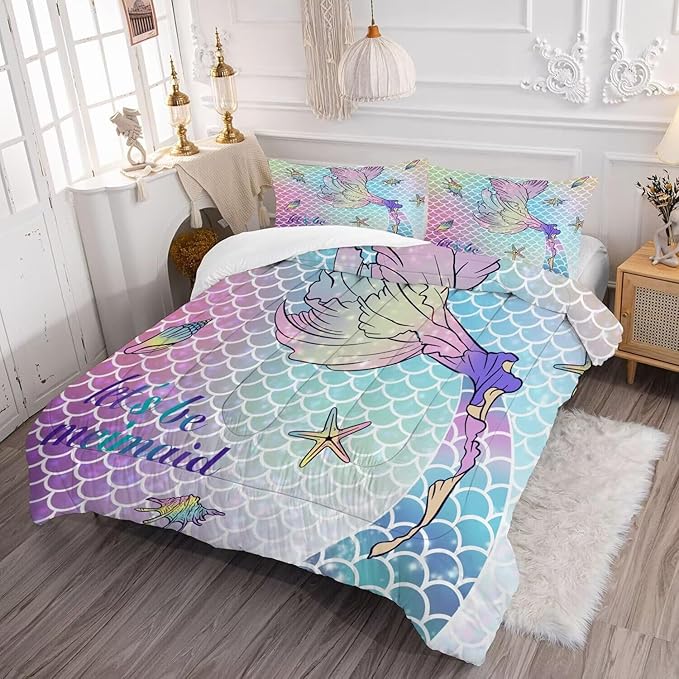 kxry Mermaid Tail Comforter Set Twin Size Gradient Fish Scales Sea Bedding Sets for Girls Teens Kids Ocean Starfish Conch Soft Microfiber Lightweight Comforter Set with 1 Comforter + 1 Pillow Case