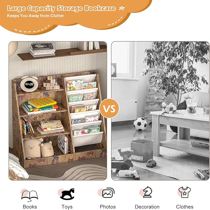 NACHES Kid Bookshelf Toddler Montessori Bookcase, with 5 Sling 4 Tier Shelf, for Bedroom, Living Room, Nursery, Playhouse(Camouflage Color)