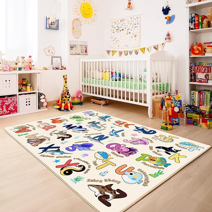Kids Rugs for Playroom, 8x10 Ft Educational Rug for Learn The ABC Alphabet, Soft Machine Washable Non-Slip Cute Marine Organisms Carpet for Classroom Toddler Nursery Kids Room Decor, Beige