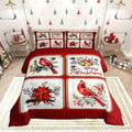 Castle Fairy Christmas Comforter Set King Size,Xmas Cardinals Floral Bells Checkered Bedding Set All Season Quilt Set,Cute Bird Watercolor Red Geometric Microfiber Polyester Down Comforter