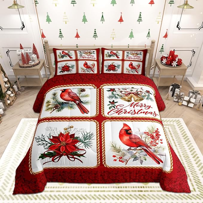 Castle Fairy Christmas Comforter Set Twin Size,Xmas Cardinals Floral Bells Checkered Bedding Set for Kids Boys Men,Cute Bird Watercolor Red Geometric Quilted Duvet Set with 1 Pillowcase