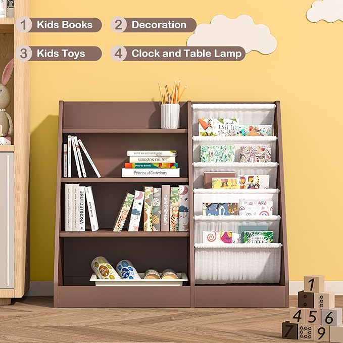 NACHES 4 Tier Kid Bookshelf Wooden 5 Sling Children Bookcase Toddler Montessori Bookcase Book Rack Display Toy Storage Organizer Book Display Shelf Stand Bedroom Nursery Playroom