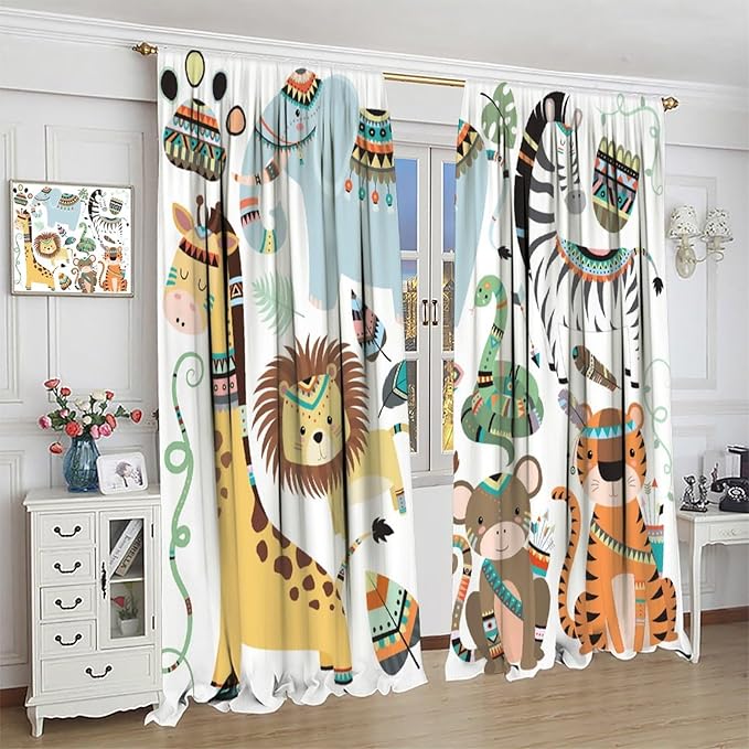 Jungle Tribal Animals Curtains, Southwest Aztec Cartoon Funny Zoo Animals Giraffe Lion Elephant Zebra Tiger Print Thermal Insulation Window Drapes for Kids Boys Girls Bedroom Living Room 72x63in