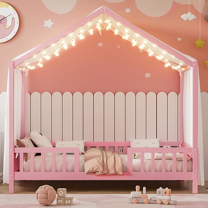 Montessori Floor Bed with Canopy, High Railings and Roof, Twin Size Wood House Bed Frame for Kids Bedroom (Pink/C2)