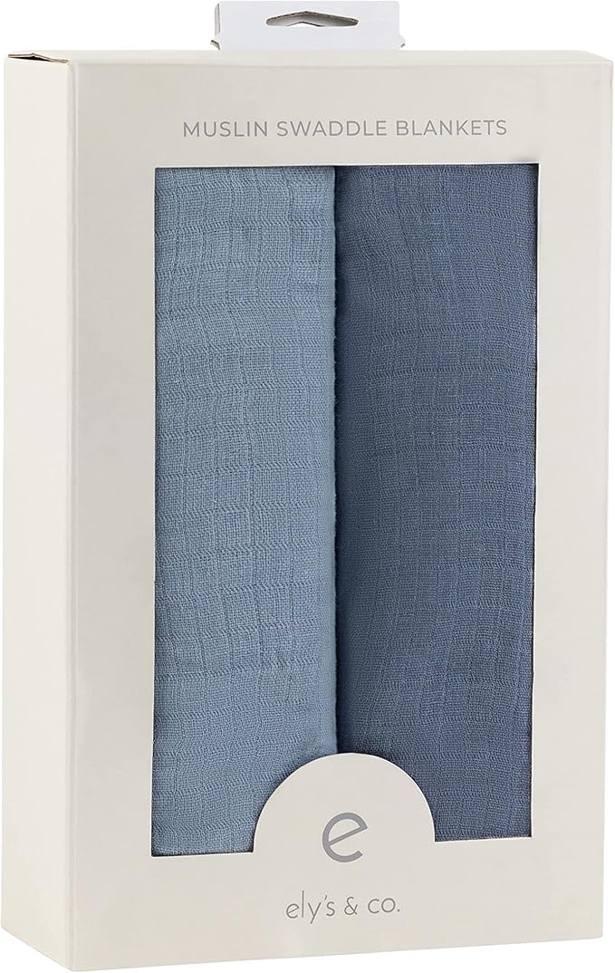 Ely's & Co. Cotton Muslin Swaddle Blanket 2-Pack for Baby Boy — 100% Cotton Muslin Extra-Large Swaddle Blankets (47” x 47”) — Sapphire Blue & Indigo Blue