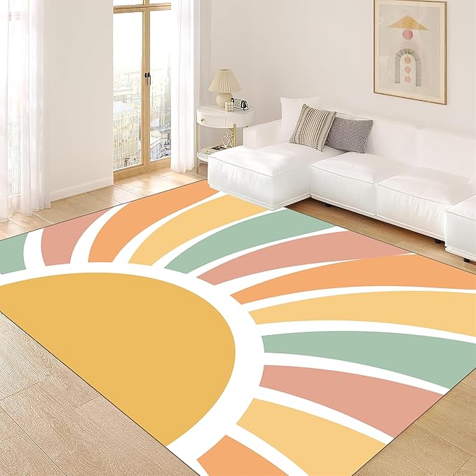 Machine Washable Rainbow Rugs Bedroom Fluffy Plush Soft Area Rugs Rainbow Sunshine Sun Print Living Room Non-Slip Indoor Flooring Kids Girls Boys Home Decor Aesthetics 3x5ft
