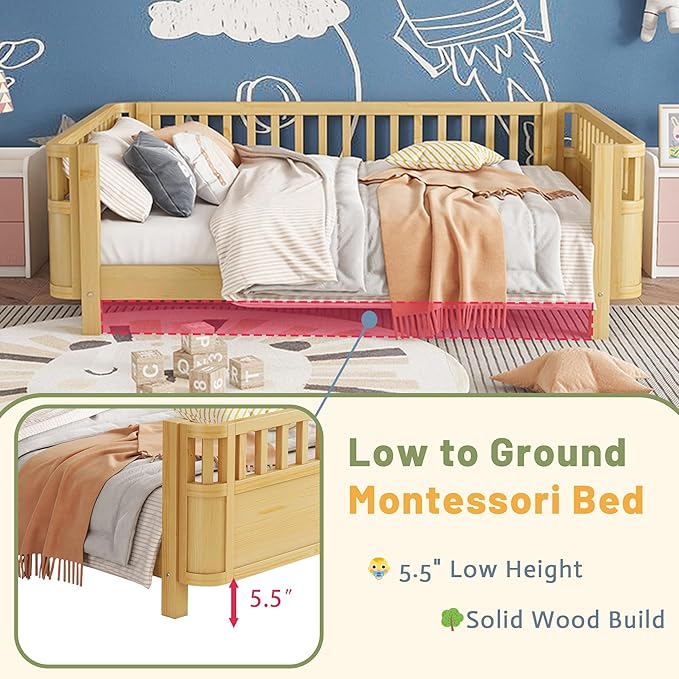 Full Kids Floor Bed Frame with Rails, Wood Low Montessori Platform Bed with Slats Support, Modern Daybed with Detachable Side Rails, Space Saving Kids Beds for Boys Girls Bedroom, Natural