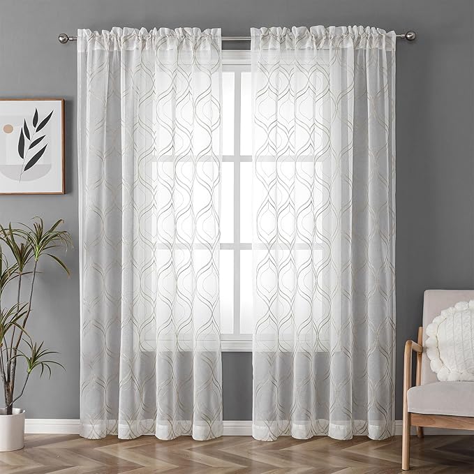 VISIONTEX White Sheer Curtains 63 Inch Length 2 Panels Set Brown Moroccan Embroidered Curtains Trellis French Textured Rod Pocket Voile Tulle Semi Window Drapes for Bedroom Living Room 54 x 63 Inches