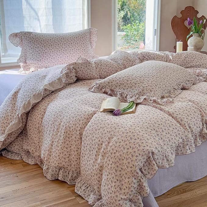 BuLuTu Purple Floral Kids Teens Duvet Cover Full, Cotton Muslin Quilt Cover Chic Cottage Bedding Ruffles Comforter Covers with Zipper Closure, No Pillow Cases, Soft Breathable
