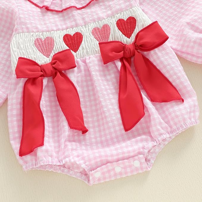Amiblvowa Baby Girl Valentines Day Outfit Embroidery Love Heart Smocked Bubble Romper Bodysuit Cute Infant Newborn Clothes