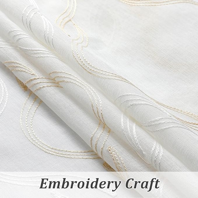 VISIONTEX Sheer Curtains 95 Inches Long 2 Panels Set, Beige and Ivory Moroccan Embroidery Texture Geometric Rod Pocket White Voile Tulle Semi Window Treatment Pair for Bedroom, W54 x L95