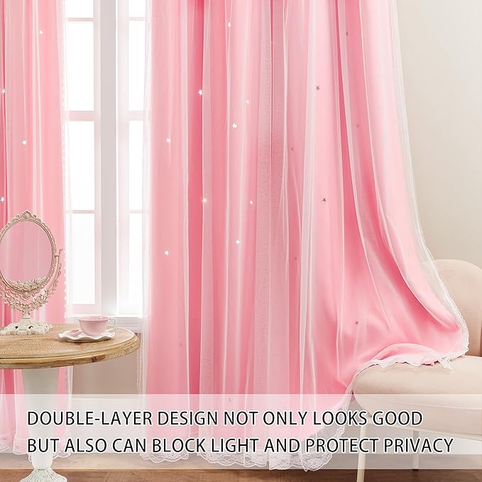 XiDi Pink Curtains with Sheer Overlay for Girls Bedroom 2 Panels Blackout Double Layer Curtains 45 Inches Length for Kids Princess Nursery Room Star Cut Out Grommet Small Window Drapes W34 X L45