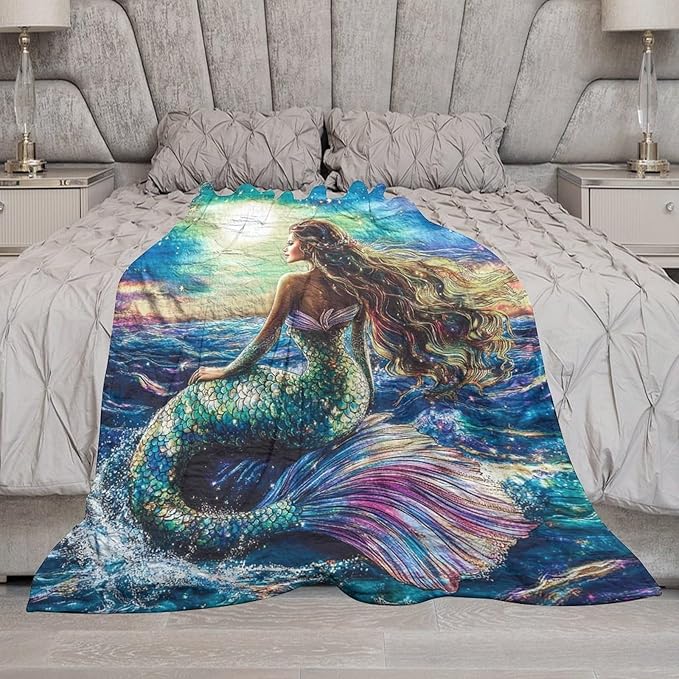 Mermaid Blanket Navy Mermaids Gifts for Girls Boys Woman Kids Ocean Mermaid Lover Coastal Throw Blankets Soft Blanket Warm Fleece Flannel Plush Blankets for Bed Sofa Couch 60"x80"