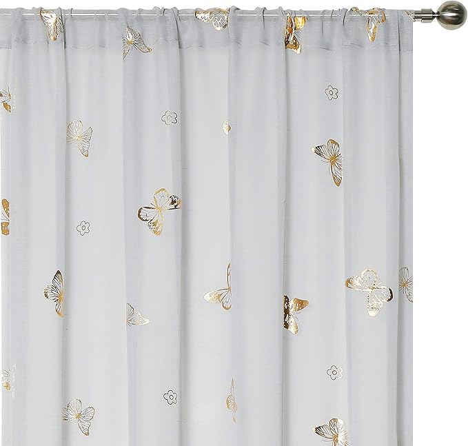 Jubilantex Grey Sheer Curtain with Gold Butterfly Pattern for Kids Room, Linen Textured Rustic Metallic Print 95 Inch Rod Pocket Window Drapes for Girls Bedroom Living Room, 2 Panels