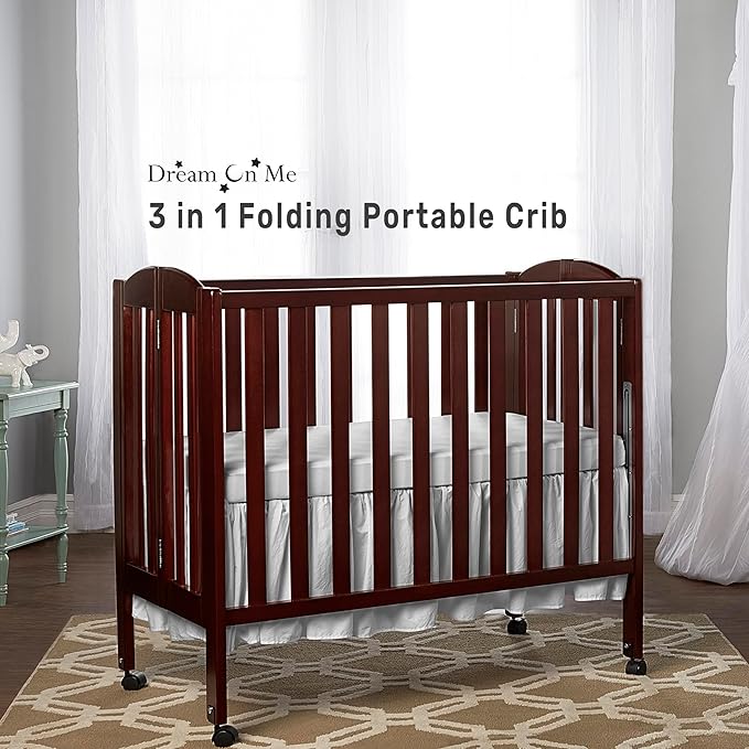Dream On Me 3-in-1 Portable Folding Stationary Side Mini Baby Crib in Espresso & Mattress, GreenGuard Gold & JPMA, Use as Changer & Playpen, Locking Wheels, 3 Mattress Heights, Extra Firm Mattress