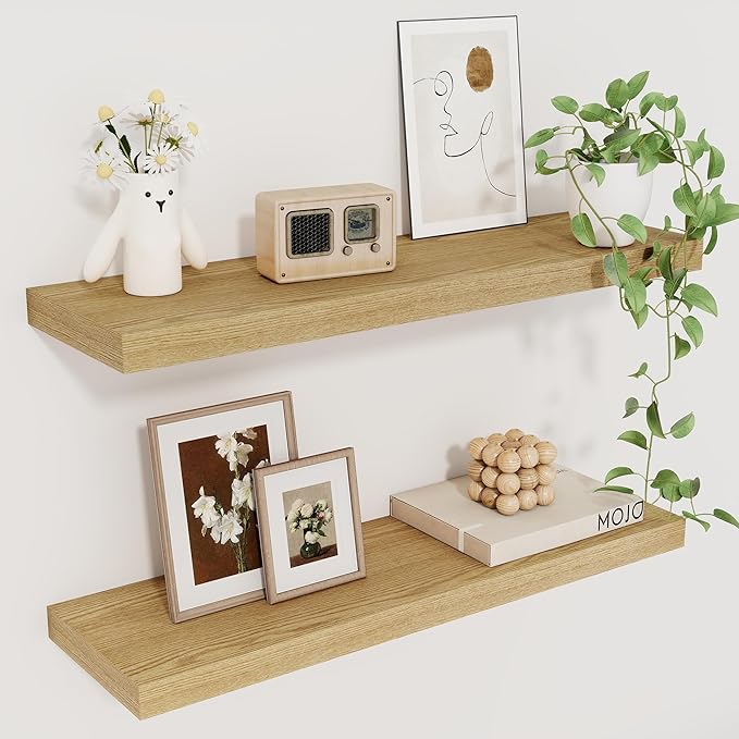 Fun Memories Floating Shelves for Wall, 22.5" Rustic Wood Deep Wall Mounted Shelves with Invisible Brackets for Decor & Storage, Floating Shelf for Living Room, Bathroom (Oak, Set of 2)