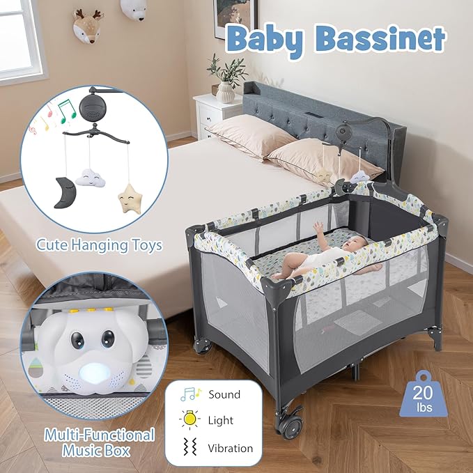 HONEY JOY Pack and Play, 4 in 1 Portable Baby Playard with Bassinet, Changing Table, Lockable Wheels, Music Box, Foldable Travel Baby Crib Nursery Center from Newborn to Toddler (Gray)