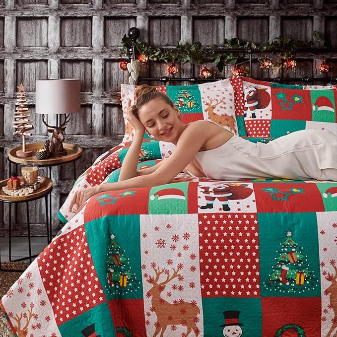 Rustic Plaid Patchwork Christmas Twin Size Bedding Set - Lightweight Reversible Bedspread & Quilt - Cabin Home Decor