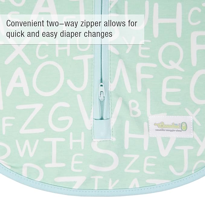 Woombie Original Baby Swaddling Blanket - Soothing, Cotton Zippered Swaddle - Wearable Newborn Blanket, Mint Alphabet, 14-19 lbs