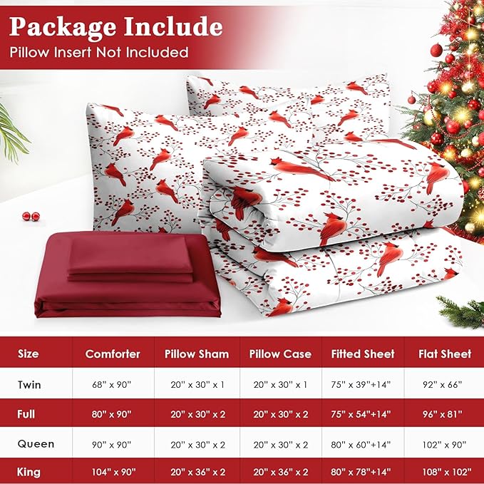 7 Pcs King Size Christmas Comforter Set with 2 Pillowcases & 2 Shams, Winter Cardinal Bird Bedding for Kids and Adults, Berries Branches Bed in a Bag with Flat Fitted Sheet