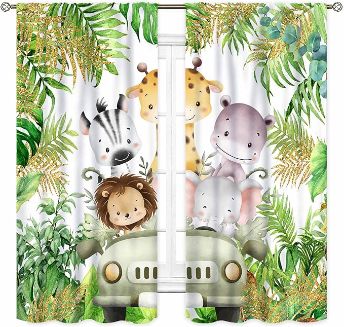 Jungle Safari Animals Curtains, Cartoon Animals Lion Giraffe Elephant Woodland Tropical Leaf Green Window Drapery for Kids Boys Girls Baby Living Room Bedroom Nursery 2 Panels, 42"x54" Inch