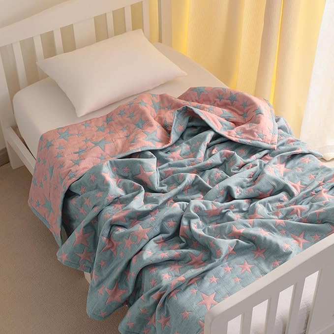 NTBAY 3 Layer Toddler Blanket, Muslin Cotton Jacquard Bed Blankets, Lightweight Thermal Baby Blanket, Super Soft and Warm Crib Blanket for All Seasons, Decoration Gift, 30"x40", Red and Blue Star