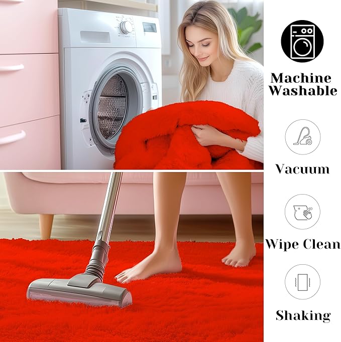 ONASAR Red Area Rugs for Bedroom Living Room, Washable Fluffy 4x6 Indoor Bedside Floor Throw Rug, Soft Plush Shaggy Carpet for Nursery Kids Girls Boys Teen Dorm Home Office Decor Aesthetic