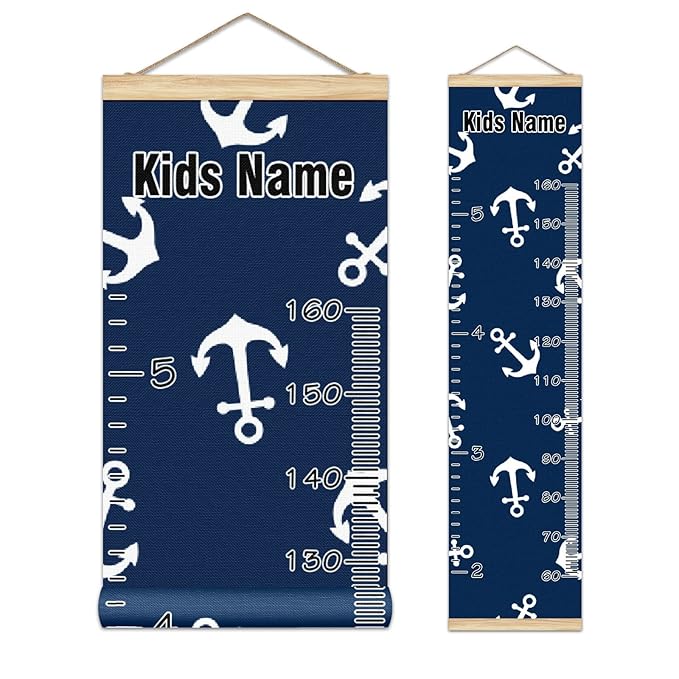 Personalized Kids Name Growth Chart Ruler for Wall Wood Frame Height Measure Chart 13.4x56 in Linen Hanging Height Growth Chart Nautical Anchor Navy Blue Kids Room Decor