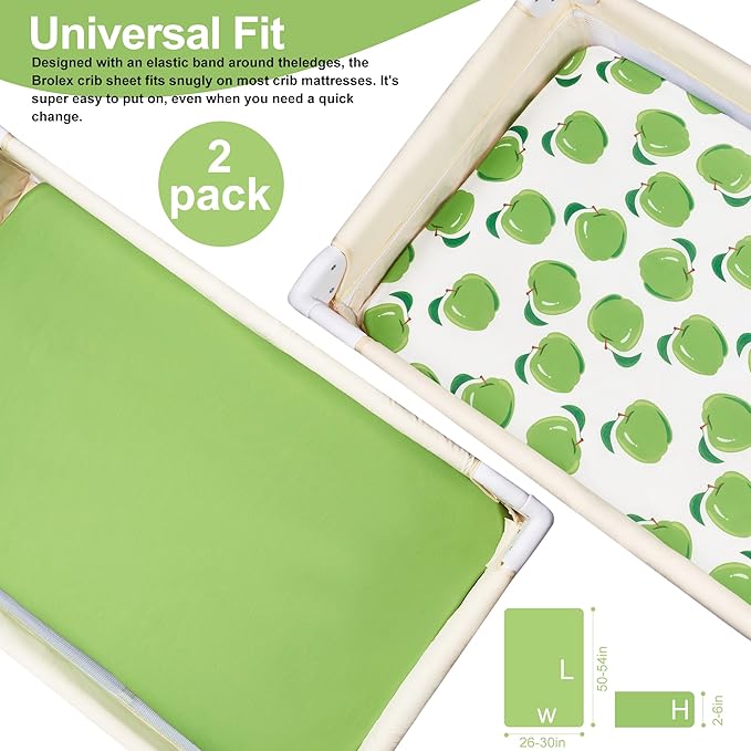 TILLYOU Mini Crib Sheets Fitted 2 Pack, Pack and Play Sheets for Toddler Mattress, Soft and Breathable 38”x 24” Pack n Play Mattresses Cover, Green Apple & Fruit Green