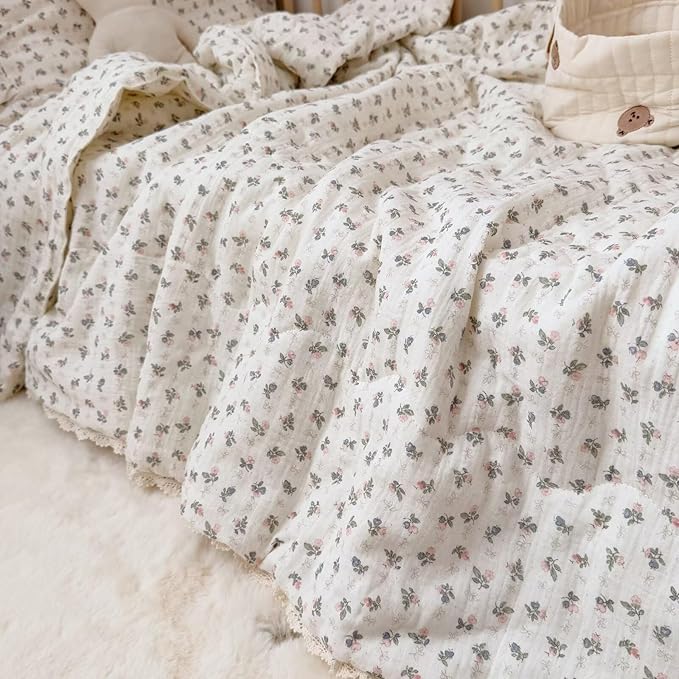 BuLuTu Soft Cotton Soft Kids Comforter for Twin Bed Toddler Bed, Chic Pink Bellflower Print 100% Cotton Muslin Quilted Blanket for Girls Boys Toddler Children, Machine Wash, 60x78 Inches