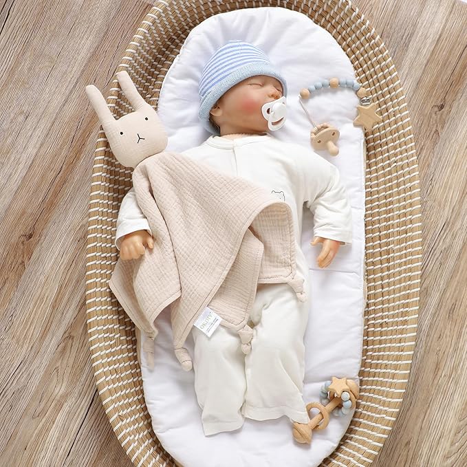 Organic Cotton Muslin Loveys for Babies,Security Blankets for Baby Lovey,Newborn Baby Gifts for Boys and Girls (bunny2-khaki)