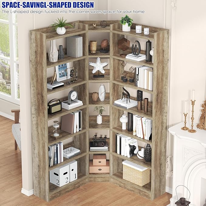70.8" Tall Corner Bookshelf and Bookcases, 7 Tiers Morden Large Etagere Bookcases Storage Display Rack with Baffle, Industrial L-Shaped Bookshelves for Bedroom, Home Office, Living Room, Brown