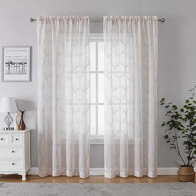 VISIONTEX Sheer Curtains 108 Inches Long 2 Panels Set, Taupe Moroccan Embroidery Texture Geometric Rod Pocket Ivory Voile Tulle Semi Window Treatment Pair for Bedroom, W54 x L108