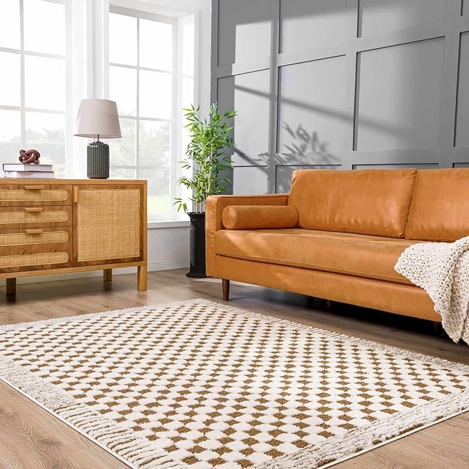 Hauteloom Leryn Living Room, Bedroom Area Rug - Checkered - High Pile - Bone - 7'10" x 10'