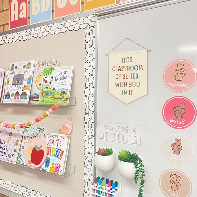 Boho Classroom Decor Canvas Banner，This Classroom Is Better With You In It Boho Classroom Decorations,Welcome Sign,Teacher Gift,Canvas Hanging Pennant Banner Wall Door Window Sign Decor