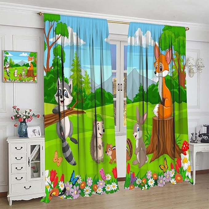 Safari Animal Curtains for Kids Cartoon Woodland Wildlife Jungle Animals Window Treatments for Boys Girls Bedroom Cute Fox Forest Nursery Children Drapes for Living Room W42xL63(Decor)