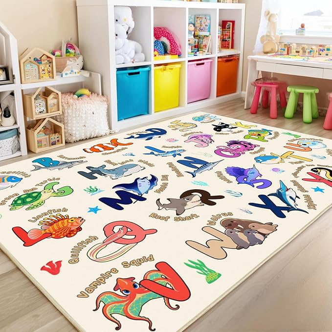 Kids Playroom Rug, 7x9 Feet Educational Rug for Learn The ABC Alphabet, Soft Machine Washable Non-Slip Cute Marine Organisms Carpet for Classroom Toddler Nursery Kids Room Decor, Beige