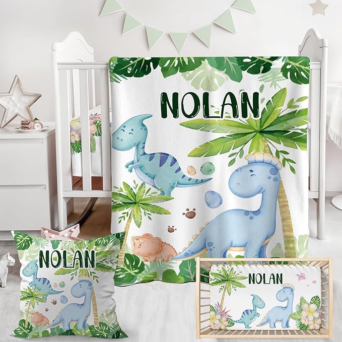 Personalized Baby Crib Bedding Set,3 Piece Custom Name Nursery Set with Blanket, Fitted Sheet & Pillowcase for Baby Girls & Boys, Dino Jungle Theme(Fixed Size)