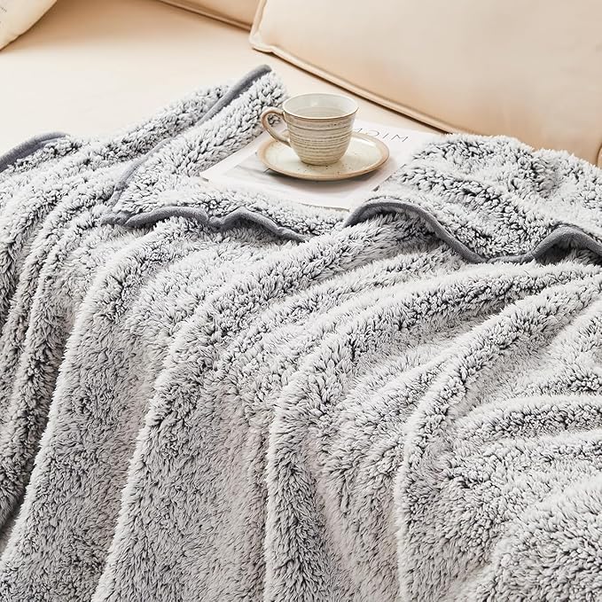 EMME Soft Sherpa Fleece Blanket Reversible Plush Fluffy Large Blanket, Light Weight Warm Decorative Boho Blanket Cover for Sofa, Couch, Bedroom,Travel(Plush Grey,90"x90")