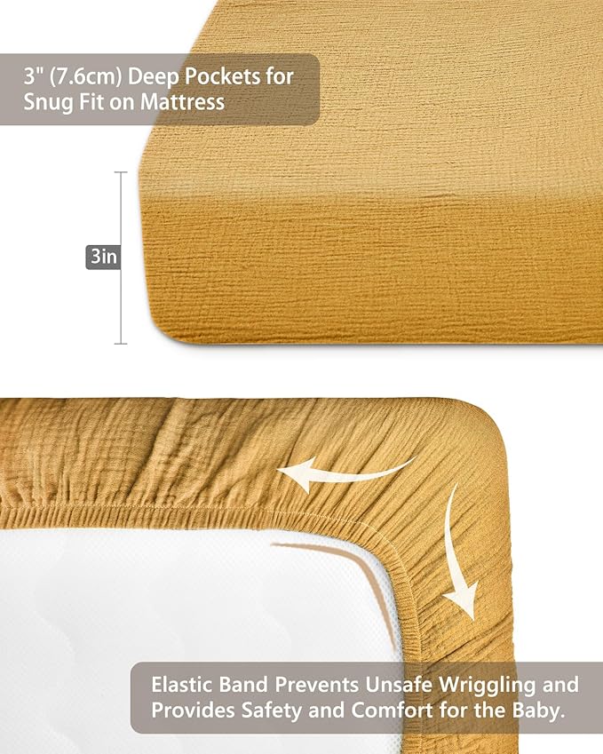 Pack and Play Sheets for Baby Boy and Girl 2 Pack, Neutral Muslin Cotton Pack N Play Mattresses Sheet 27"x39", Muslin Nursery Bedding Soft and Breathable Comfort (Beige & Mustard Yellow)
