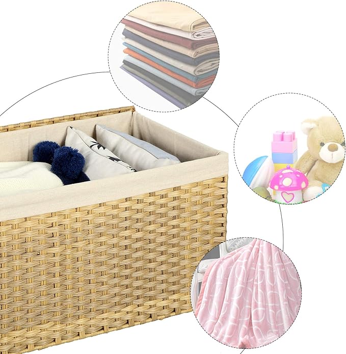 SONGMICS Storage Basket with Lid, 42.3 Gallon (160L) Storage Bin, Woven Blanket Storage Basket with Handles, Foldable, Removable Liner, Metal Frame, for Bedroom, Laundry Room, Natural URST76NL