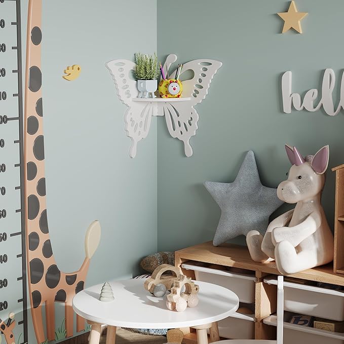 Butterfly Corner Shelf Nursery Wall Deor Floating Corner Shelf for Kid’s Room, Small Cute Decorative Shelf Wall Mounted, White Hanging Hollow Out Shelf for Toys, Plants and Decorations Storage, White