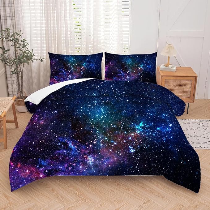 kxry Blue Purple 3D Galaxy Comforter Set Queen Size Outer Space Starry Sky Universe Bedding Sets for Girls Teens Kids 1 Comforter + 2 Pillow Cases