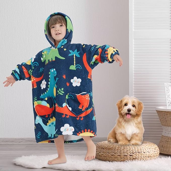 Fiosnow Dinosaur Blanket Hoodies for Kids Toddler 2-6YR Oversize Wearable Blanket Hoodies for Boys Girls