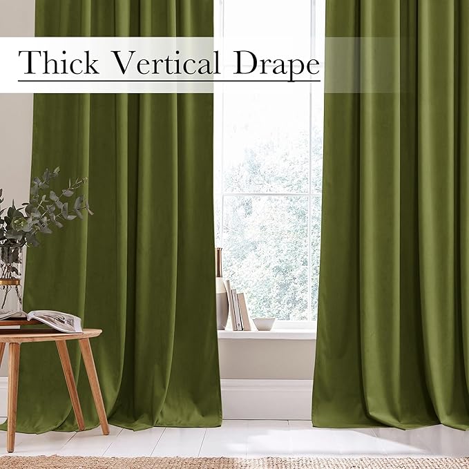 StangH 102 inches Back Tab Velvet Curtains Luxury Olive Green Room Darkening Window Drapes Heavy Thermal Insulated Panels for Sliding Door Bedroom, W52 x L102, 2 Panels