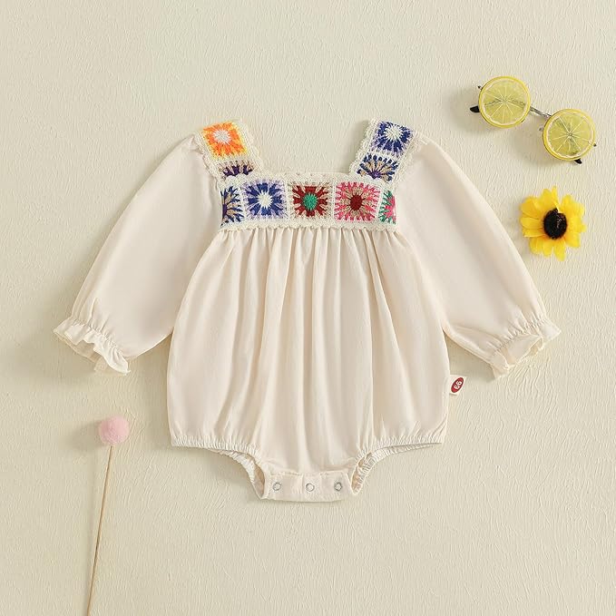 Gaono Newborn Baby Girl Smocked Bubble Romper Cute Boho Summer Clothes Ruffle Sleeveless Crochet Flower Vintage Bodysuit